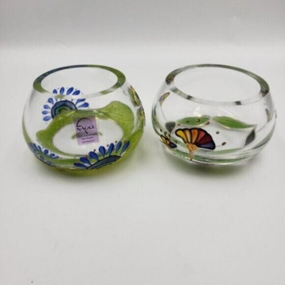 Nagel Glass Votive Candle Holders Hand Painted Colorful Heavy Glass Floral Two - Picture 12 of 15